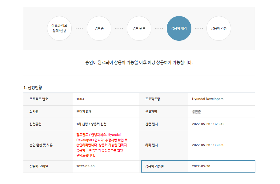 상용화 신청 개요 화면에서 검토가 완료되었음을 안내해주는 화면